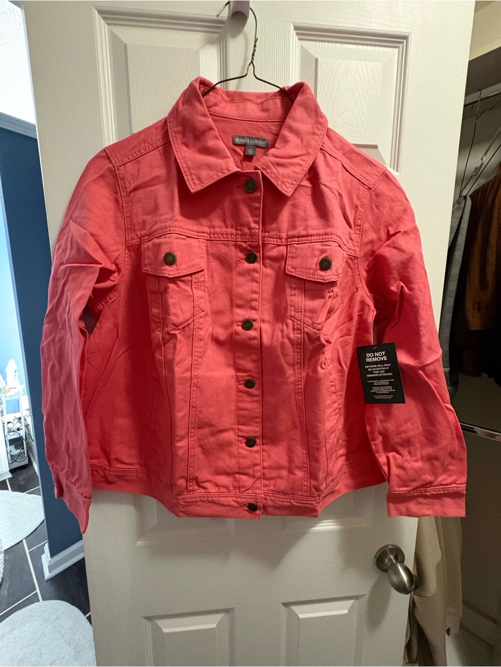 Brand new Jessica London Coral Pink Denim Jacket - Casual Button-Front Jacket